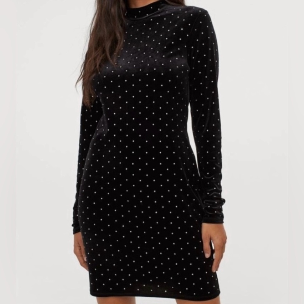 H&M Black Long Sleeve Velvet Dress with Rhinestones - Picture 2 of 6